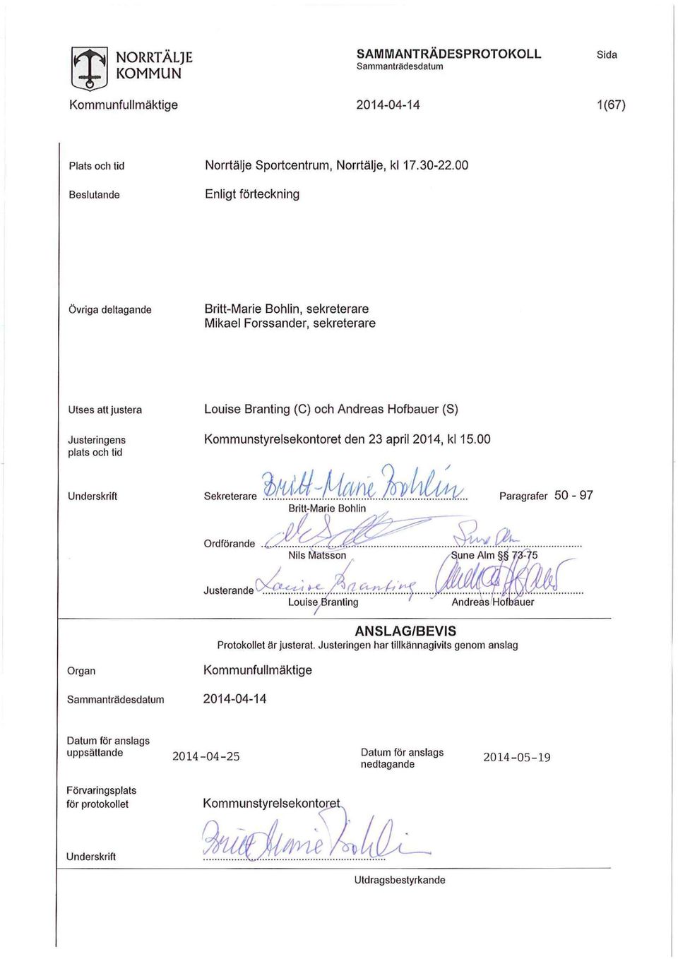 plats och tid Kommunstyrelsekontoret den 23 april 2014, kl 15.00 Underskrift Sekreterare Britt-Marie Bohlin Paragrafer 50-97 Ordförande Nils Matsson JL.S'0'a.KIO ' tt..t±^&ztt&!tf.