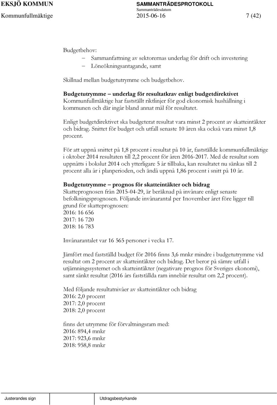 Enligt budgetdirektivet ska budgeterat resultat vara minst 2 procent av skatteintäkter och bidrag. Snittet för budget och utfall senaste 10 åren ska också vara minst 1,8 procent.