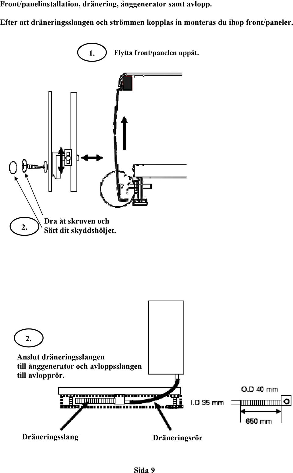 1. Flytta front/panelen uppåt. 2.