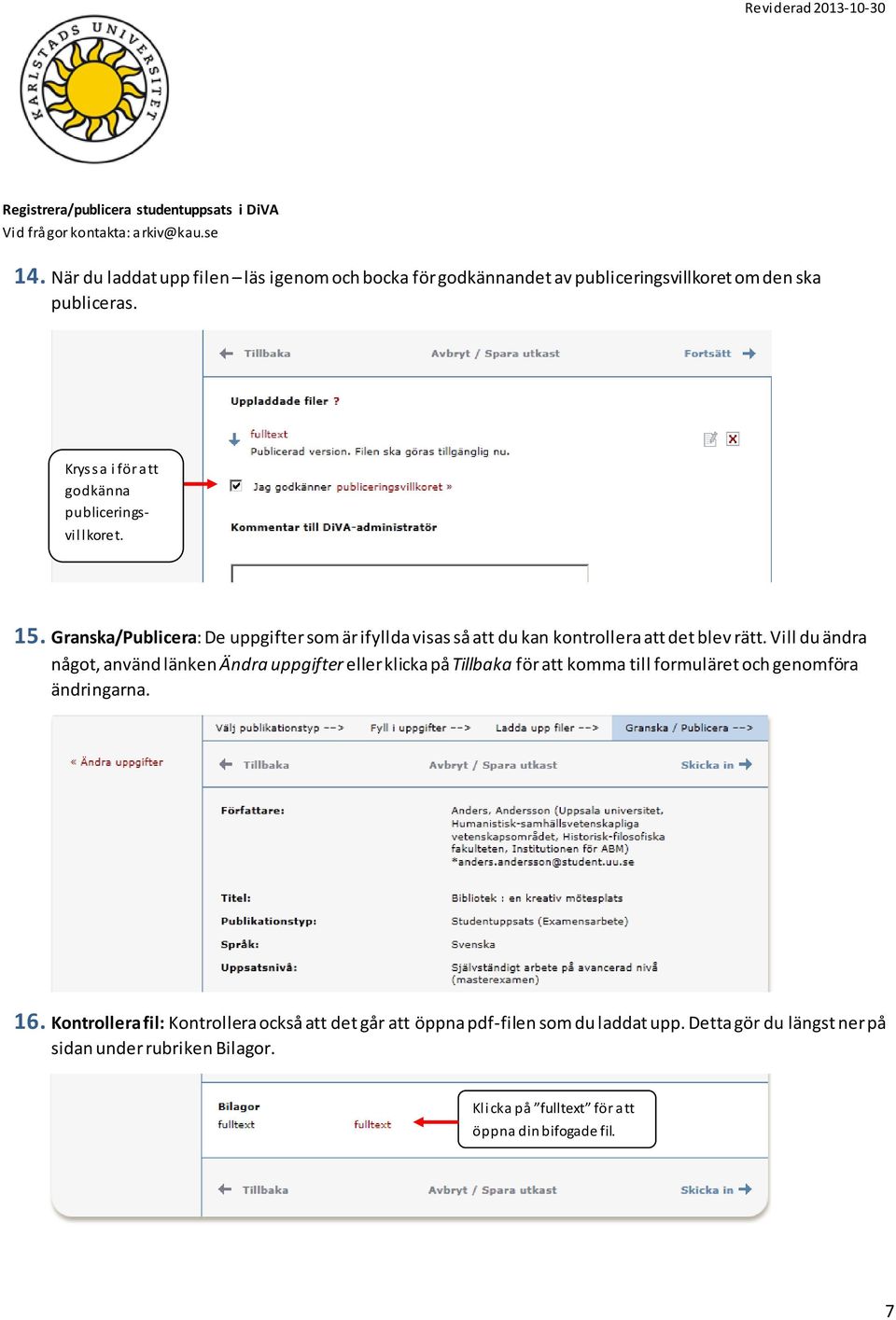 Granska/Publicera: De uppgifter som är ifyllda visas så att du kan kontrollera att det blev rätt.