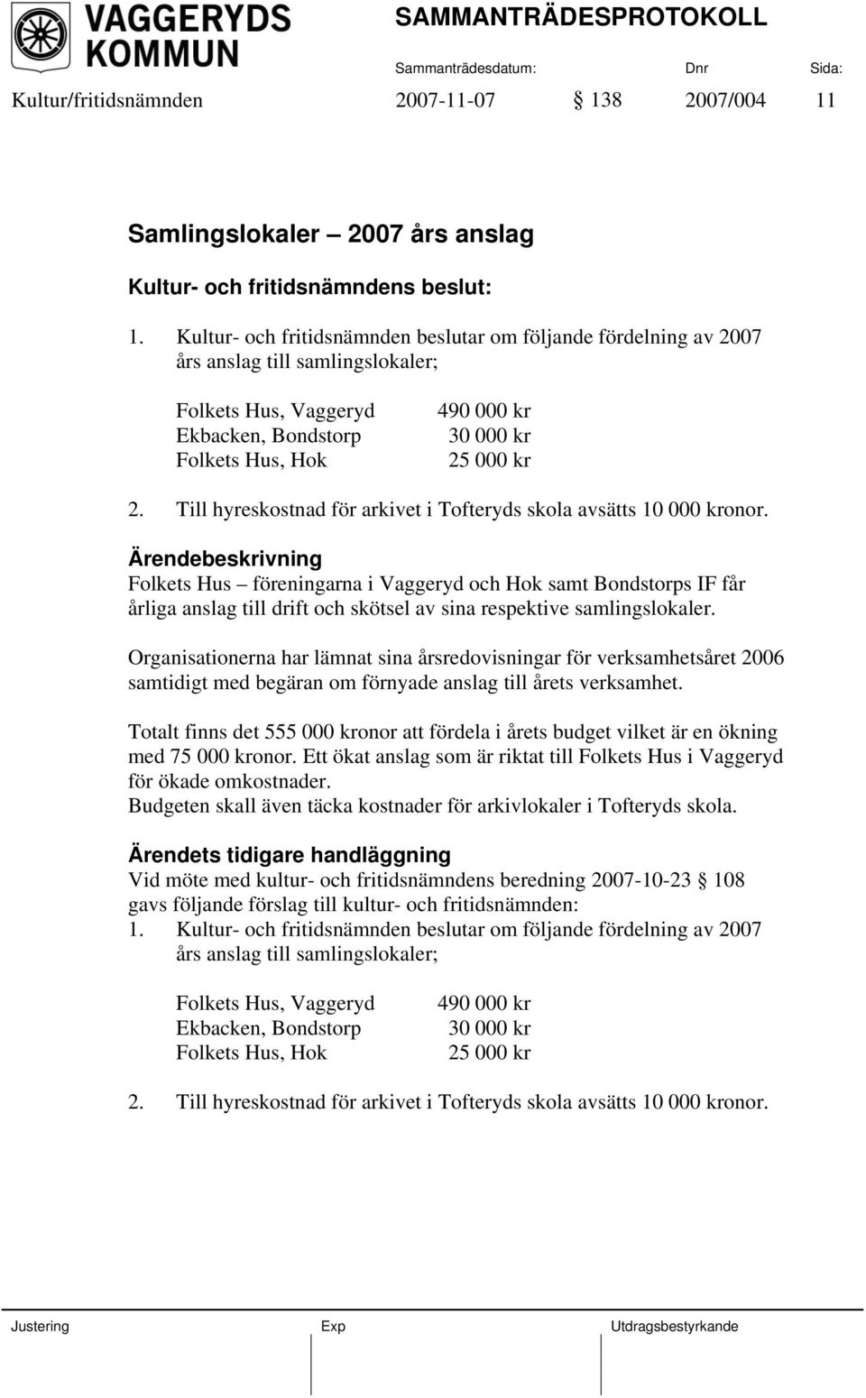 Till hyreskostnad för arkivet i Tofteryds skola avsätts 10 000 kronor.