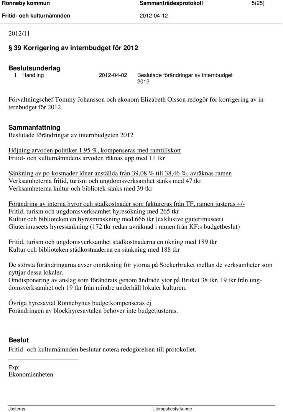 Sammanfattning Beslutade förändringar av internbudgeten 2012 Höjning arvoden politiker 1,95 %, kompenseras med ramtillskott Fritid- och kulturnämndens arvoden räknas upp med 11 tkr Sänkning av