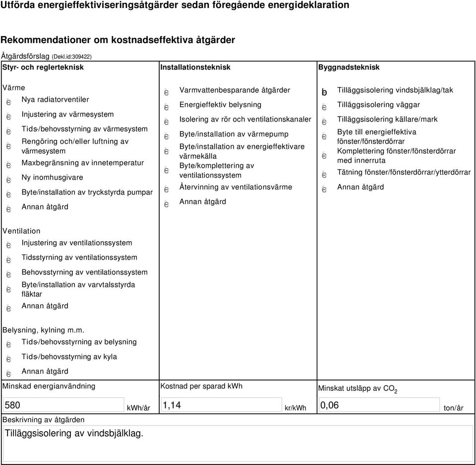 värmesystem Maxbegränsning av innetemperatur Ny inomhusgivare Byte/installation av tryckstyrda pumpar Varmvattenbesparande åtgärder Energieffektiv belysning Isolering av rör och ventilationskanaler