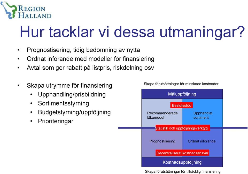 Skapa utrymme för finansiering Upphandling/prisbildning Sortimentsstyrning Budgetstyrning/uppföljning Prioriteringar Skapa förutsättningar för