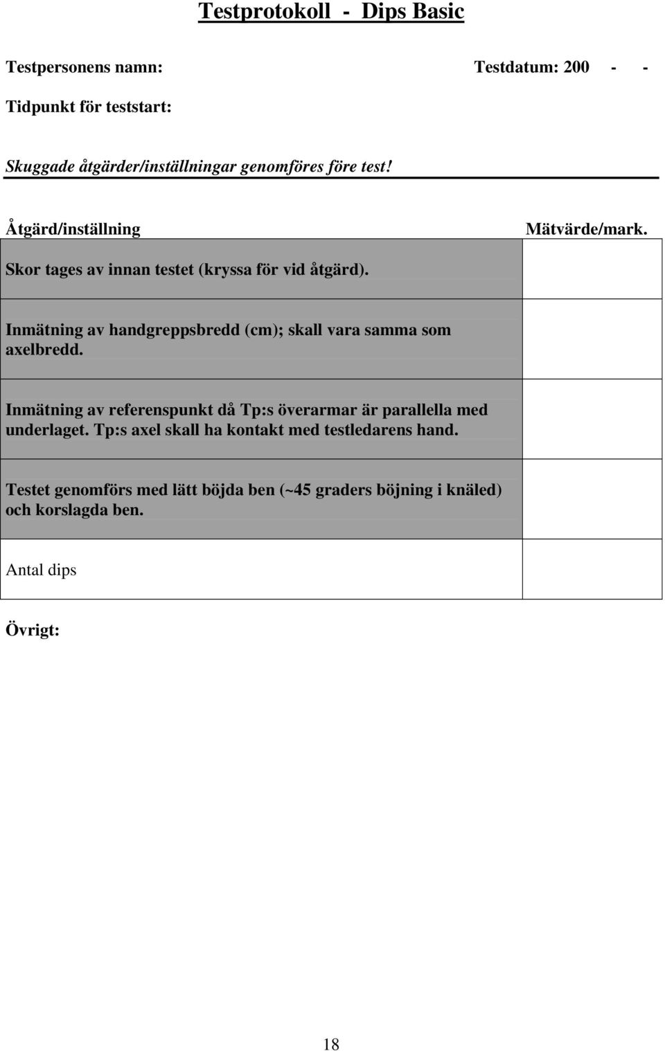 Inmätning av handgreppsbredd (cm); skall vara samma som axelbredd.