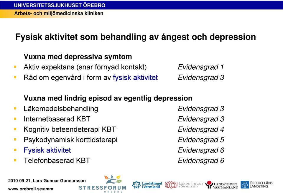 egentlig depression Läkemedelsbehandling Evidensgrad 3 Internetbaserad KBT Evidensgrad 3 Kognitiv beteendeterapi