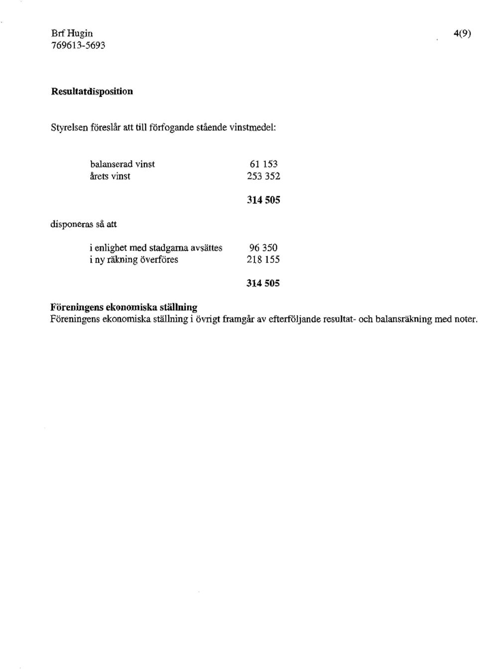 stadgarna avsättes i ny räkning överföres 96350 218 155 314505 Föreningens ekonomiska