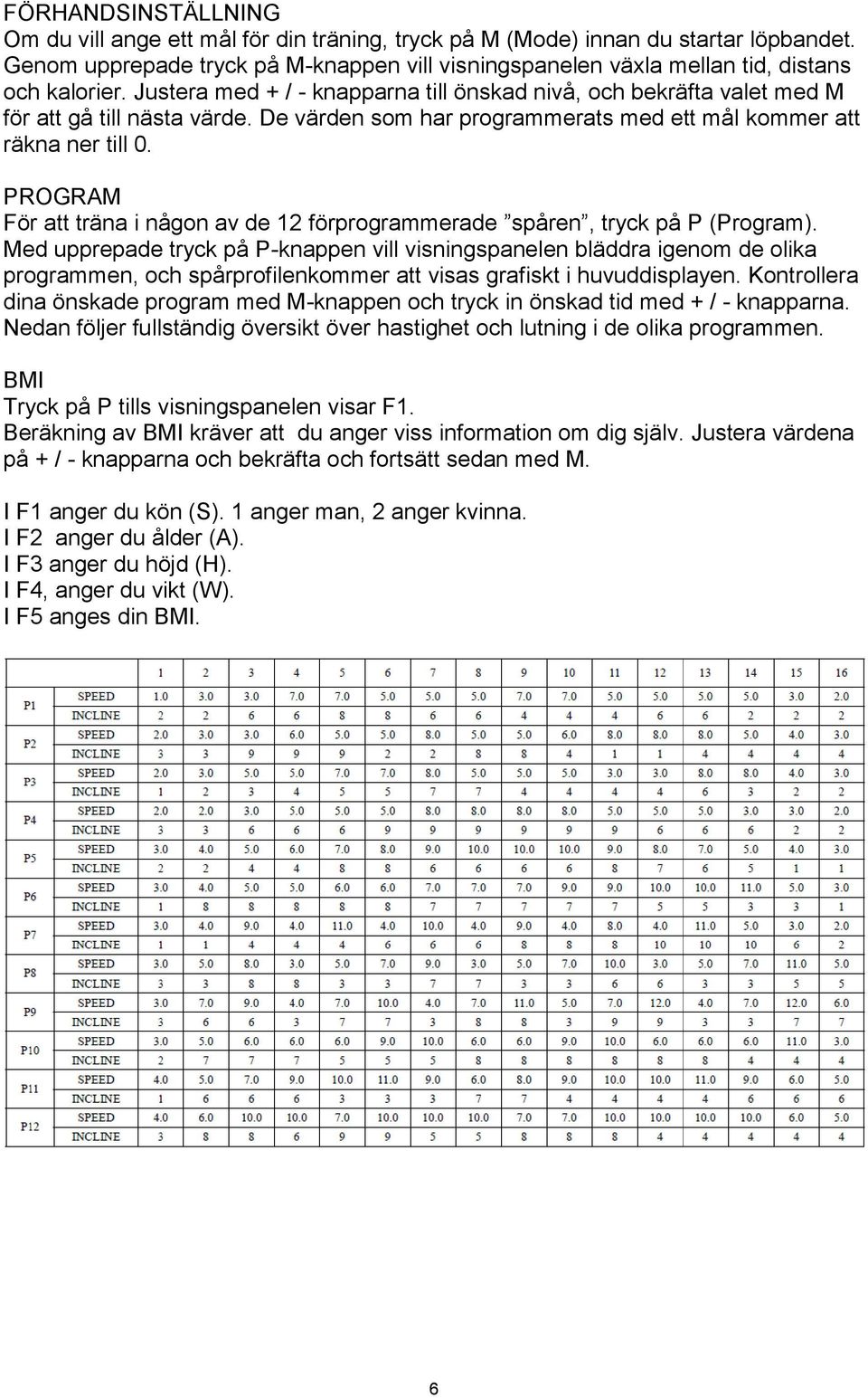 De värden som har programmerats med ett mål kommer att räkna ner till 0. PROGRAM För att träna i någon av de 12 förprogrammerade spåren, tryck på P (Program).