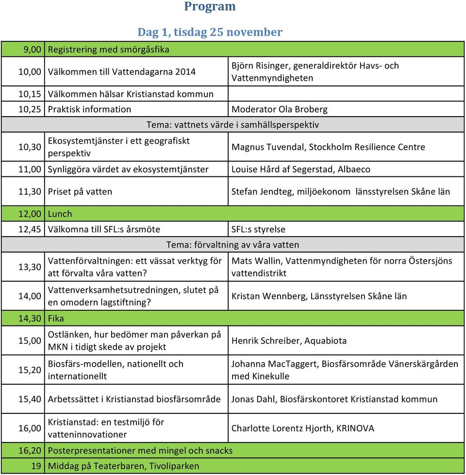 Centre 11,00 Synliggöra värdet av ekosystemtjänster Louise Hård af Segerstad, Albaeco 11,30 Priset på vatten Stefan Jendteg, miljöekonom länsstyrelsen Skåne län 12,00 Lunch 12,45 Välkomna till SFL:s