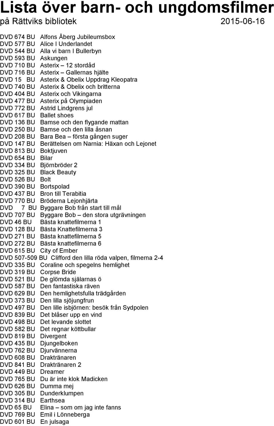 på Olympiaden DVD 772 BU Astrid Lindgrens jul DVD 617 BU Ballet shoes DVD 136 BU Bamse och den flygande mattan DVD 250 BU Bamse och den lilla åsnan DVD 208 BU Bara Bea första gången suger DVD 147 BU