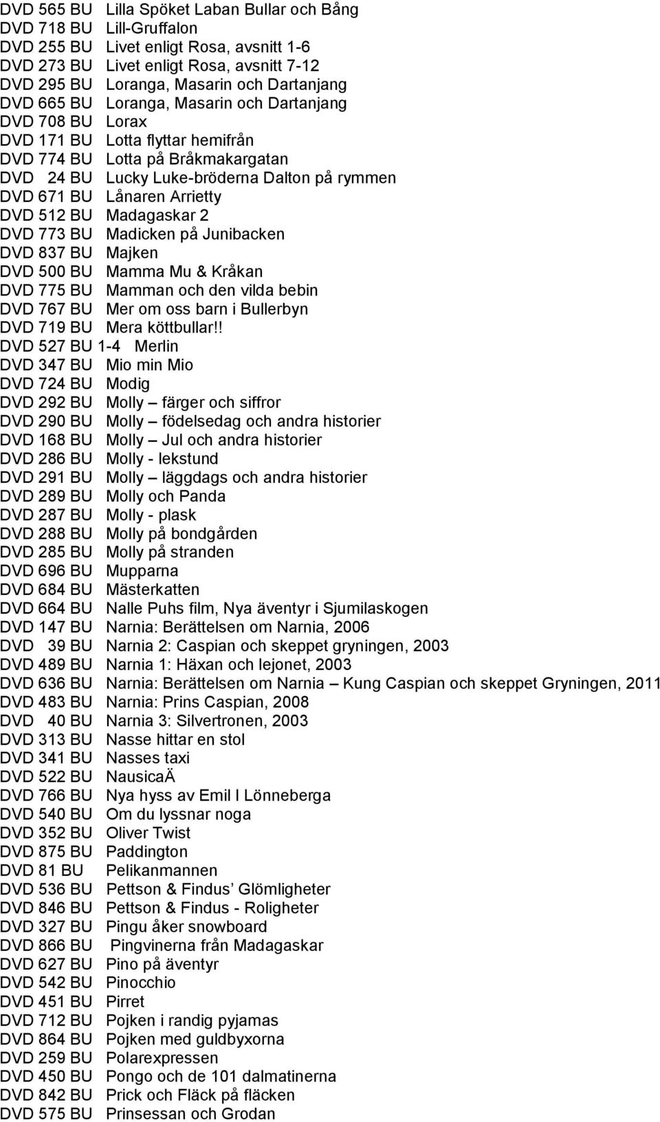 Arrietty DVD 512 BU Madagaskar 2 DVD 773 BU Madicken på Junibacken DVD 837 BU Majken DVD 500 BU Mamma Mu & Kråkan DVD 775 BU Mamman och den vilda bebin DVD 767 BU Mer om oss barn i Bullerbyn DVD 719