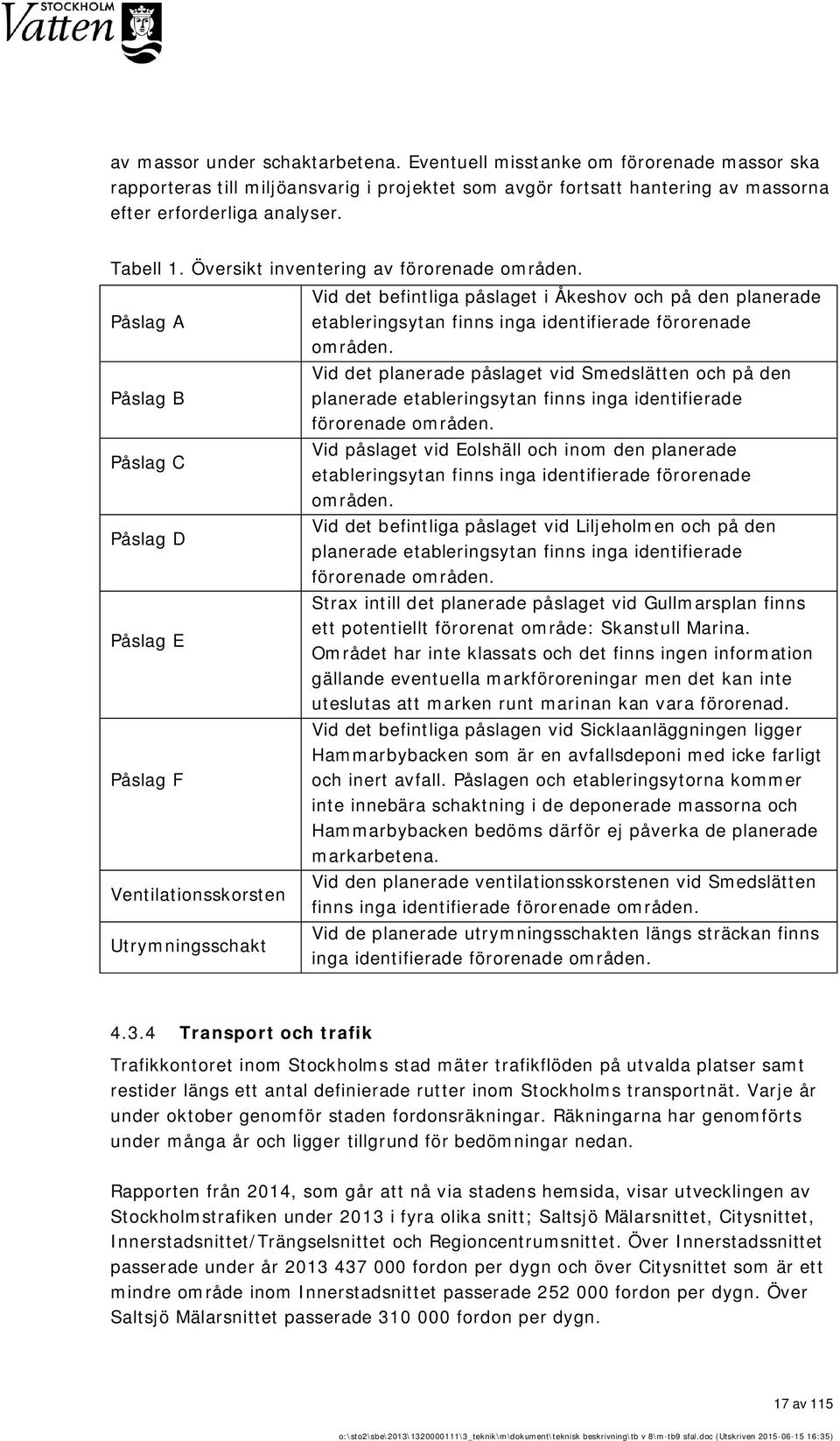 Påslag A Påslag B Påslag C Påslag D Påslag E Påslag F Ventilationsskorsten Utrymningsschakt Vid det befintliga påslaget i Åkeshov och på den planerade etableringsytan finns inga identifierade