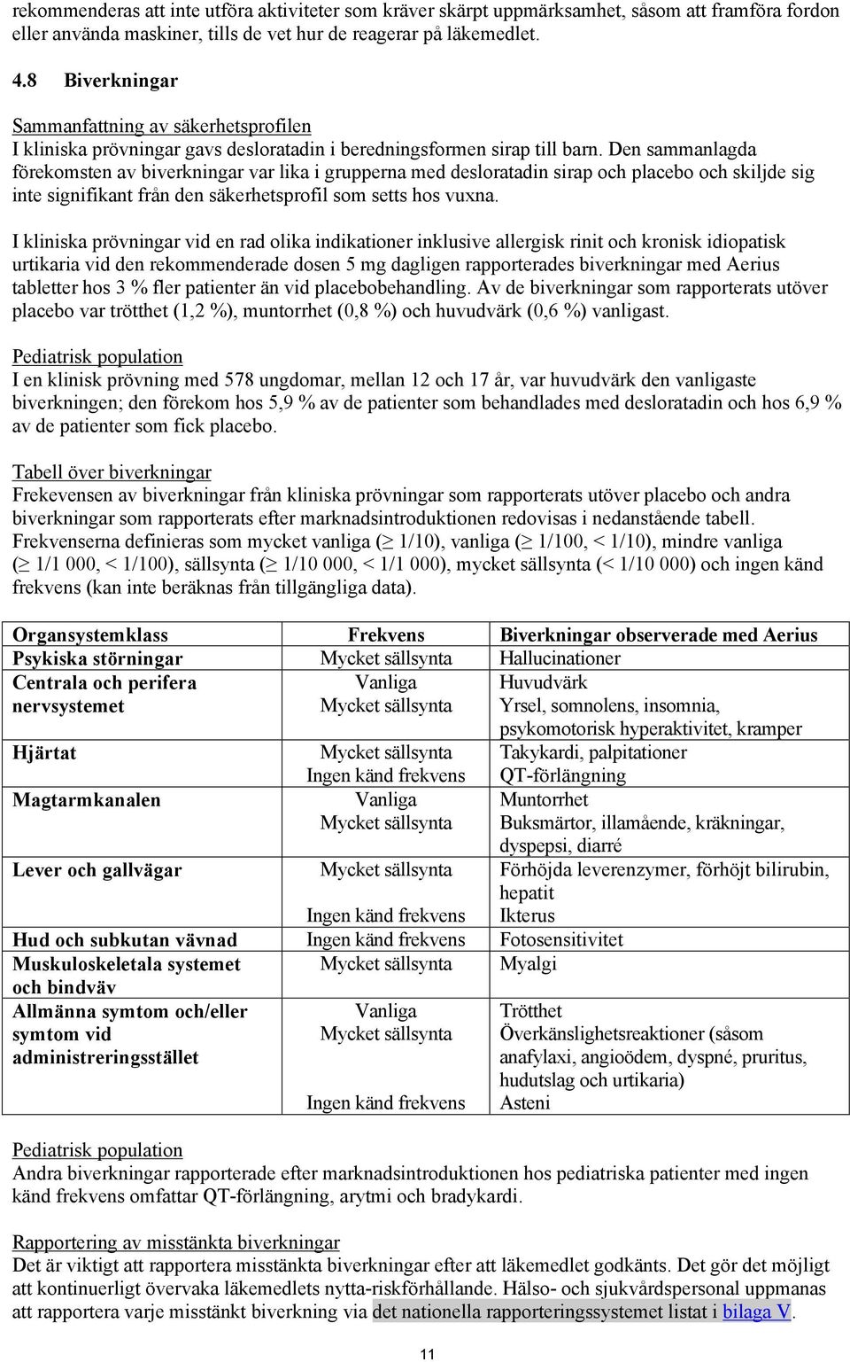 Den sammanlagda förekomsten av biverkningar var lika i grupperna med desloratadin sirap och placebo och skiljde sig inte signifikant från den säkerhetsprofil som setts hos vuxna.