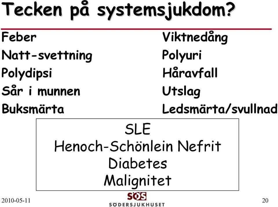 Buksmärta Viktnedång Polyuri Håravfall Utslag