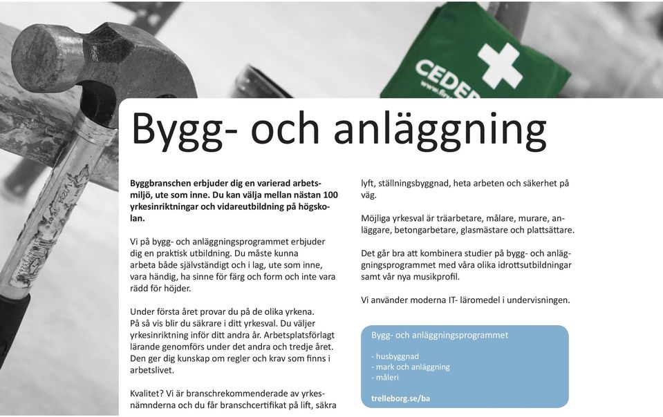 Du måste kunna arbeta både självständigt och i lag, ute som inne, vara händig, ha sinne för färg och form och inte vara rädd för höjder. Under första året provar du på de olika yrkena.