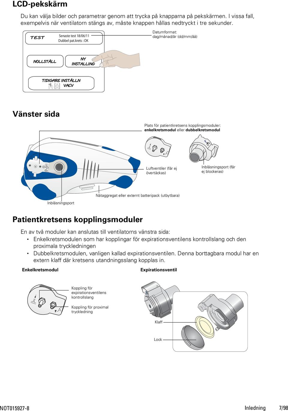 krets : OK Datumformat: dag/månad/år (dd/mm/åå) NOLLSTÄLL NY INSTALLING TIDIGARE INSTÄLLN AC änster sida Plats för patientkretsens kopplingsmoduler: enkelkretsmodul eller dubbelkretsmodul