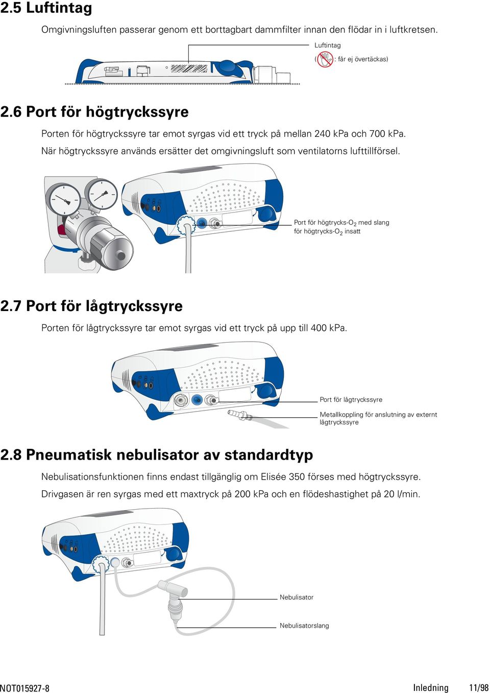 Port för högtrycks-o 2 med slang för högtrycks-o 2 insatt 2.7 Port för lågtryckssyre Porten för lågtryckssyre tar emot syrgas vid ett tryck på upp till 4 kpa.