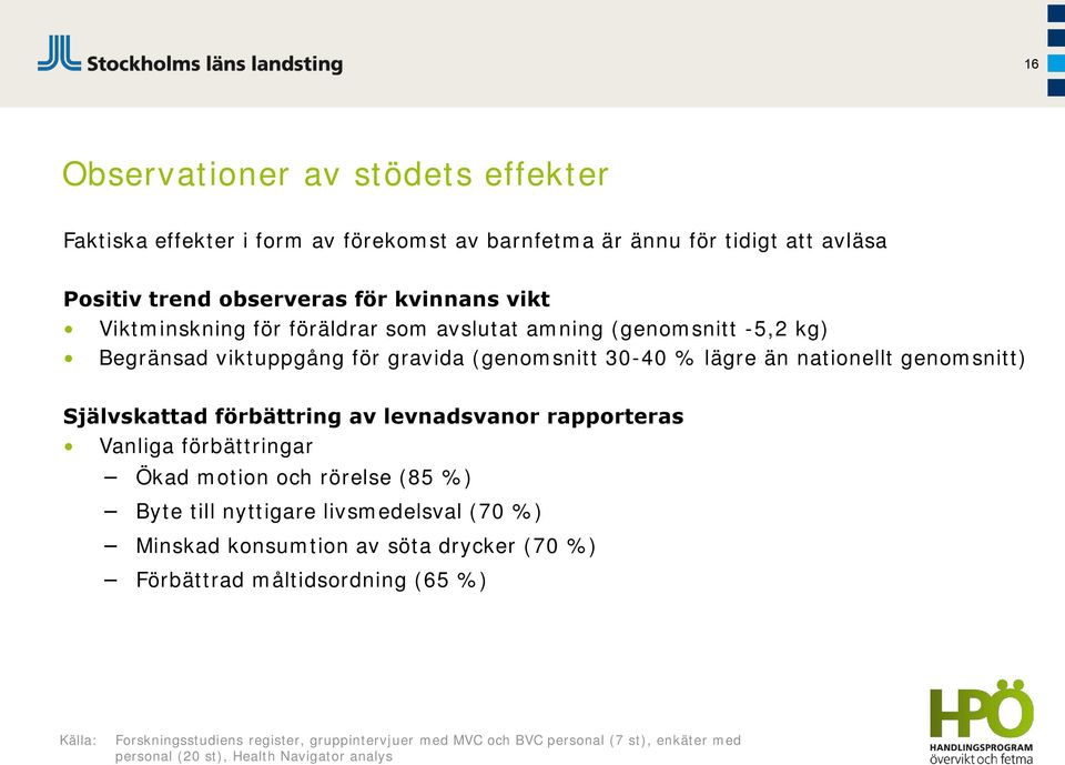 förbättring av levnadsvanor rapporteras Vanliga förbättringar Ökad motion och rörelse (85 %) Byte till nyttigare livsmedelsval (70 %) Minskad konsumtion av söta drycker