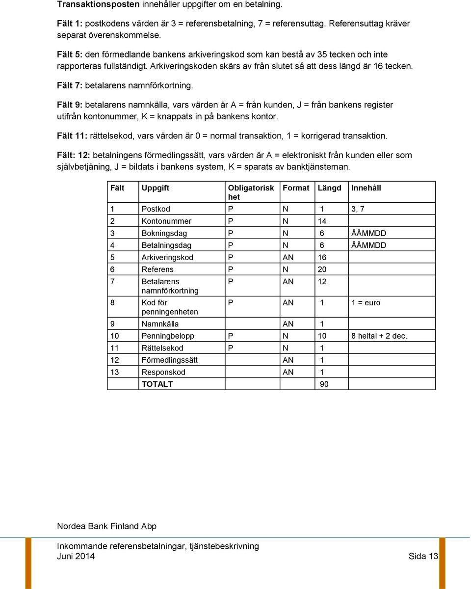 Fält 7: betalarens namnförkortning. Fält 9: betalarens namnkälla, vars värden är A = från kunden, J = från bankens register utifrån kontonummer, K = knappats in på bankens kontor.