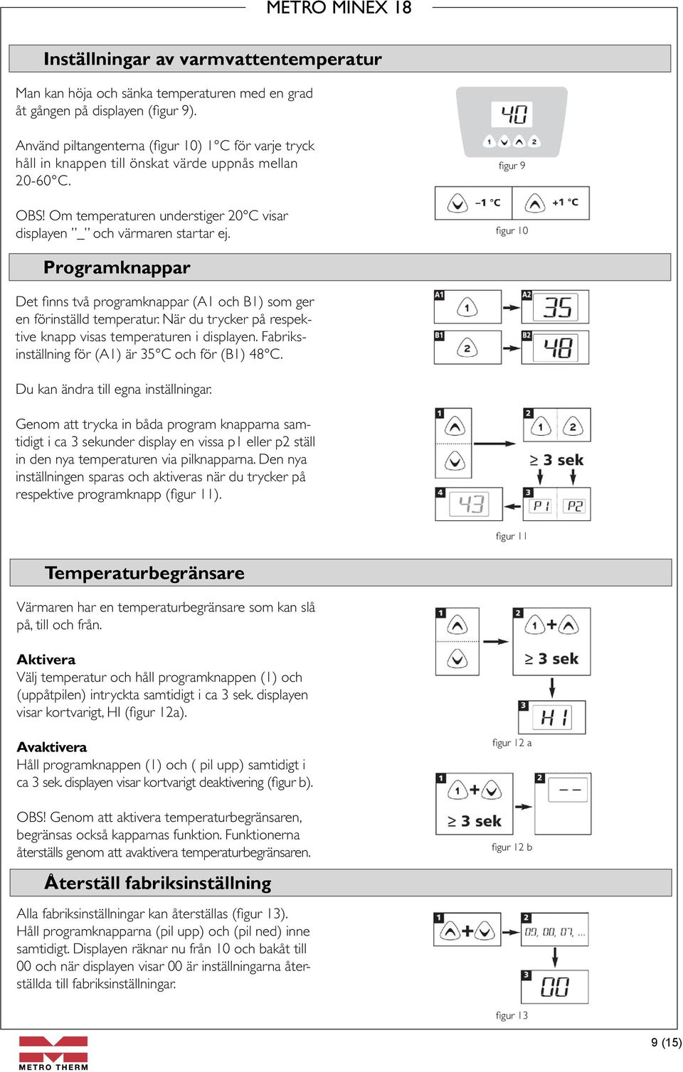 figur 9 figur 10 Programknappar Det finns två programknappar (A1 och B1) som ger en förinställd temperatur. När du trycker på respektive knapp visas temperaturen i displayen.