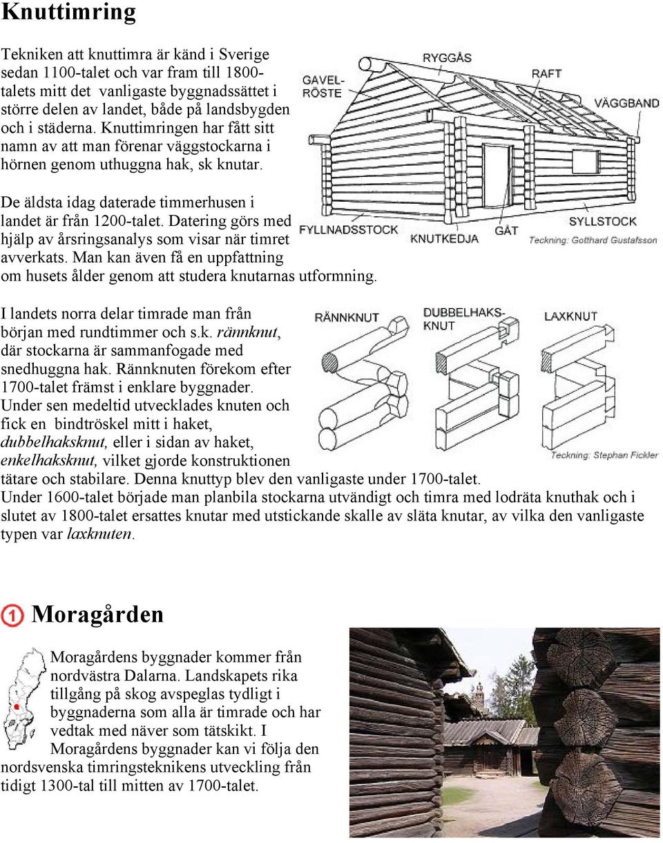 Datering görs med hjälp av årsringsanalys som visar när timret avverkats. Man kan även få en uppfattning om husets ålder genom att studera knutarnas utformning.