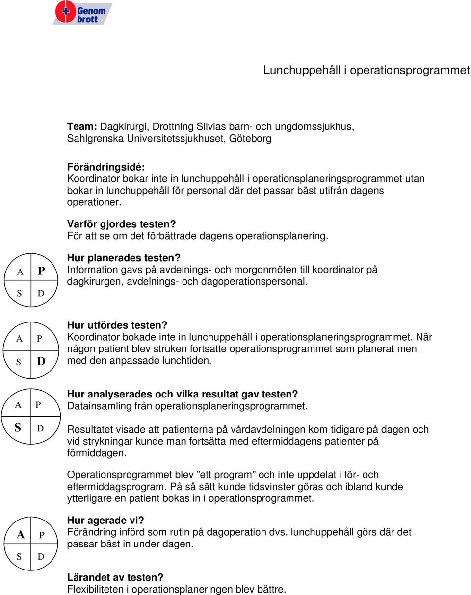 Information gavs på avdelnings- och morgonmöten till koordinator på dagkirurgen, avdelnings- och dagoperationspersonal. Koordinator bokade inte in lunchuppehåll i operationsplaneringsprogrammet.