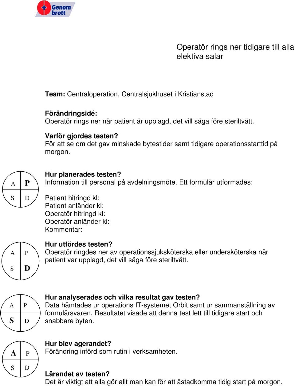 Ett formulär utformades: atient hitringd kl: atient anländer kl: Operatör hitringd kl: Operatör anländer kl: Kommentar: Operatör ringdes ner av operationssjuksköterska eller undersköterska när