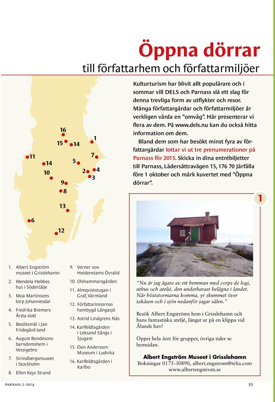 Bland dem som har besökt minst fyra av författargårdar lottar vi ut tre pre nu me ra tion er på Parnass för 2015.