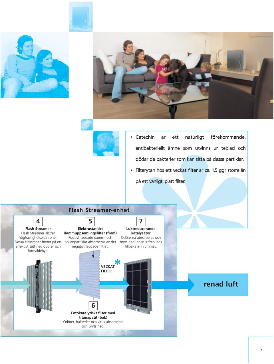 Flash Streamer-enhet 5 Elektrostatiskt dammuppsamlingsfilter (fram) Positivt laddade damm- och pollenpartiklar absorberas av det negativt laddade filtret.