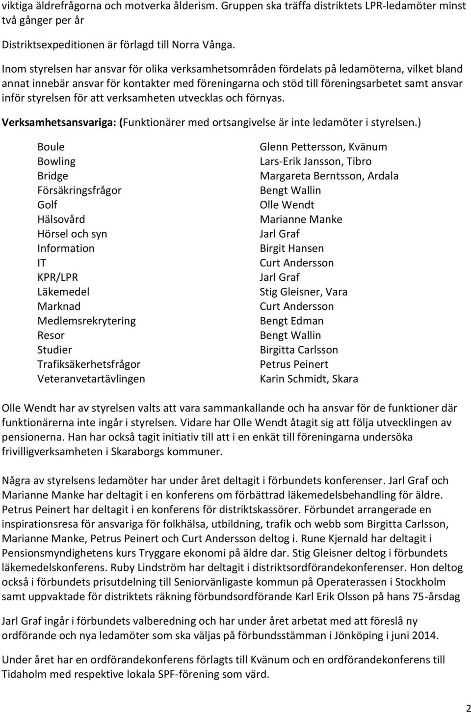 styrelsen för att verksamheten utvecklas och förnyas. Verksamhetsansvariga: (Funktionärer med ortsangivelse är inte ledamöter i styrelsen.