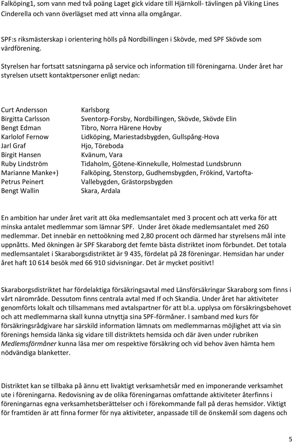 Under året har styrelsen utsett kontaktpersoner enligt nedan: Curt Andersson Birgitta Carlsson Bengt Edman Karlolof Fernow Jarl Graf Birgit Hansen Ruby Lindström Marianne Manke+) Petrus Peinert Bengt