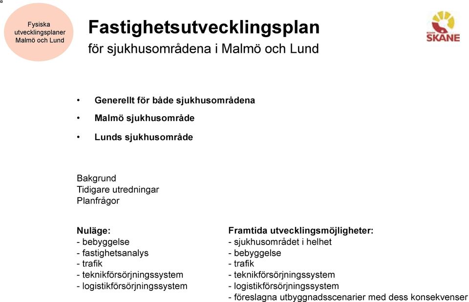 teknikförsörjningssystem - logistikförsörjningssystem Framtida utvecklingsmöjligheter: - sjukhusområdet i helhet -