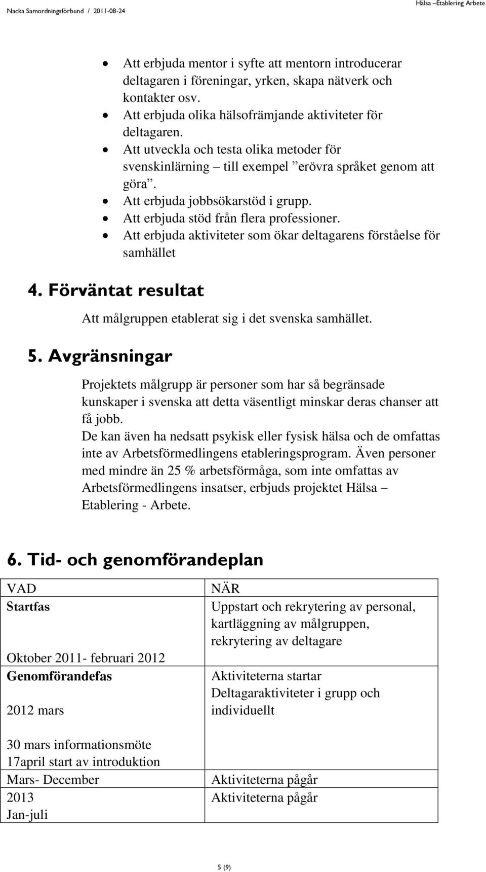 Att erbjuda aktiviteter som ökar deltagarens förståelse för samhället 4. Förväntat resultat Att målgruppen etablerat sig i det svenska samhället. 5.