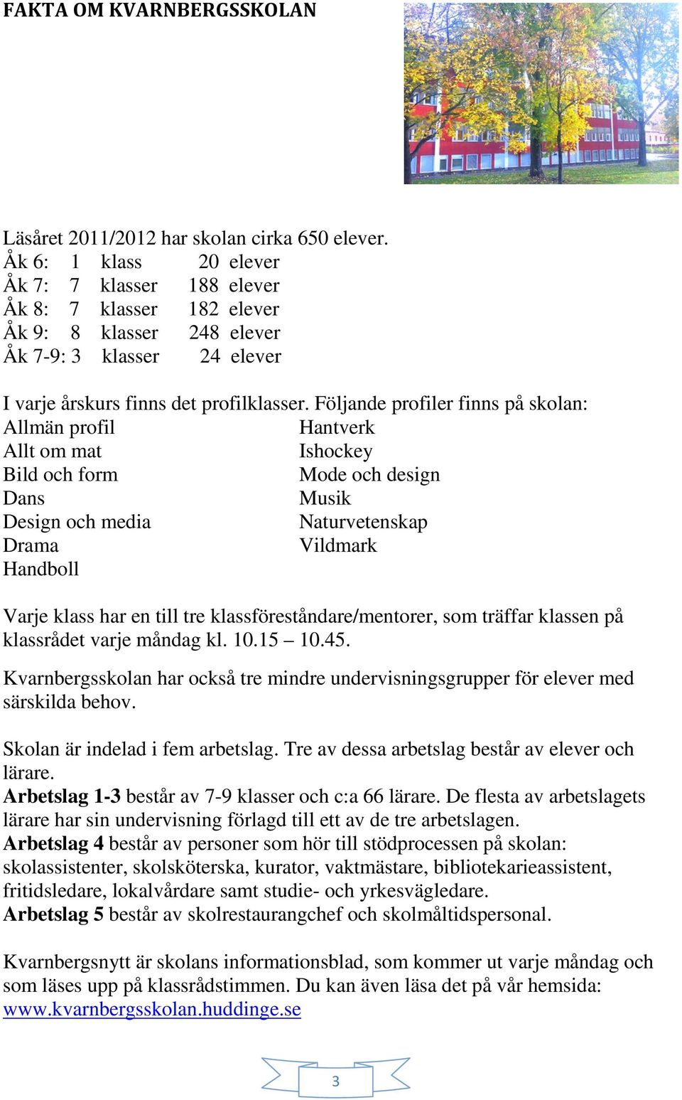 Följande profiler finns på skolan: Allmän profil Hantverk Allt om mat Ishockey Bild och form Mode och design Dans Design och media Musik Naturvetenskap Drama Vildmark Handboll Varje klass har en till