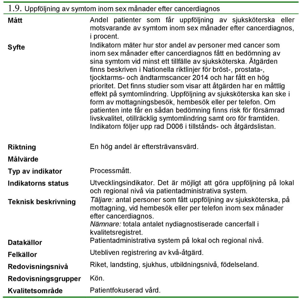 Åtgärden finns beskriven i Nationella riktlinjer för bröst-, prostata-, tjocktarms- och ändtarmscancer 2014 och har fått en hög prioritet.