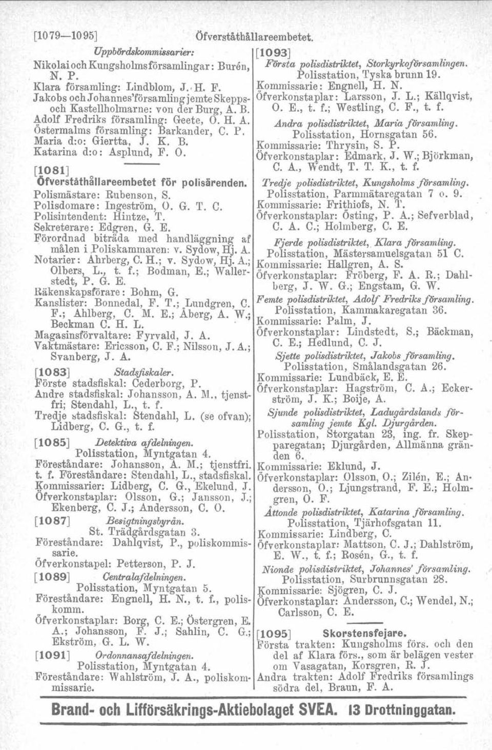 f.; Westhng, C. F., t. f. Adolf Fredri~~ församling: Geete, O. H. A. Andra polisdi8triktet, Maria församling. Östermalms f?rsamlmg: Barkander. O, P. Polisstation, Hornsgatan 56.