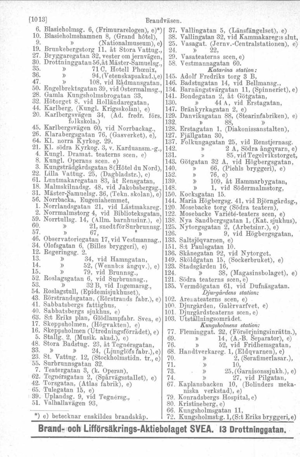 Drottninggatan 56,åt Mäster-Samuelsg., 58. Vestmannagatan 60. 35.» 71 C, Hotell Phrenix, Katarina station: 36.» 94,(Vetenskapsakad.),e) 145. Adolf Fredriks torg 3 B, 47.») 108, vid Rådmansgatan, 146.