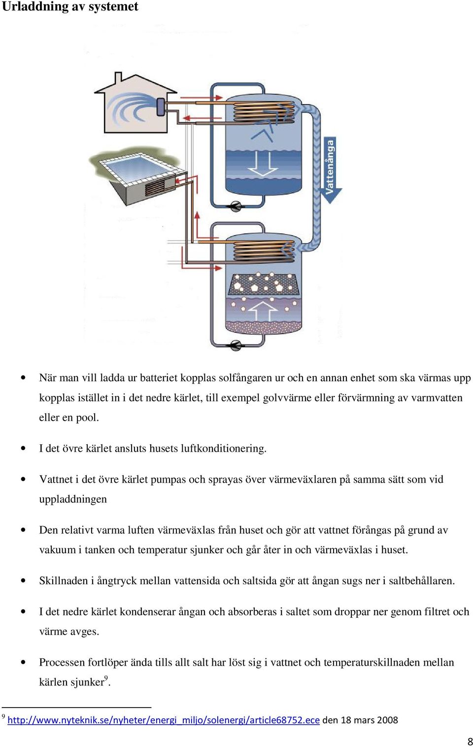 Vattnet i det övre kärlet pumpas och sprayas över värmeväxlaren på samma sätt som vid uppladdningen Den relativt varma luften värmeväxlas från huset och gör att vattnet förångas på grund av vakuum i