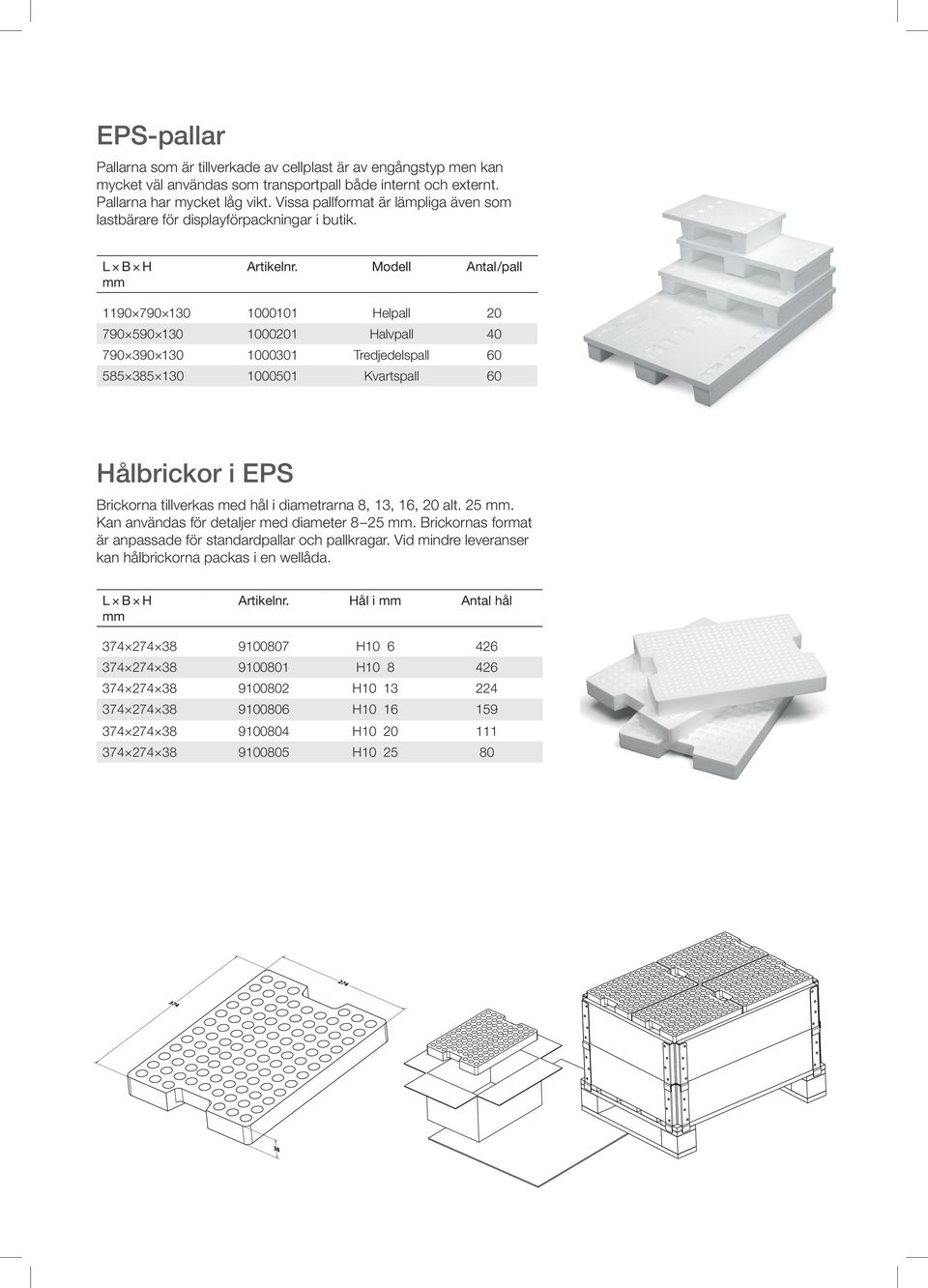 Modell Antal/pall 1190 790 130 1000101 Helpall 20 790 590 130 1000201 Halvpall 40 790 390 130 1000301 Tredjedelspall 60 585 385 130 1000501 Kvartspall 60 Hålbrickor i EPS Brickorna tillverkas med hål