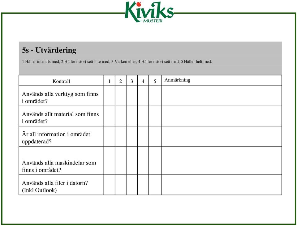 Kontroll 1 2 3 4 5 Anmärkning Används alla verktyg som finns i området?