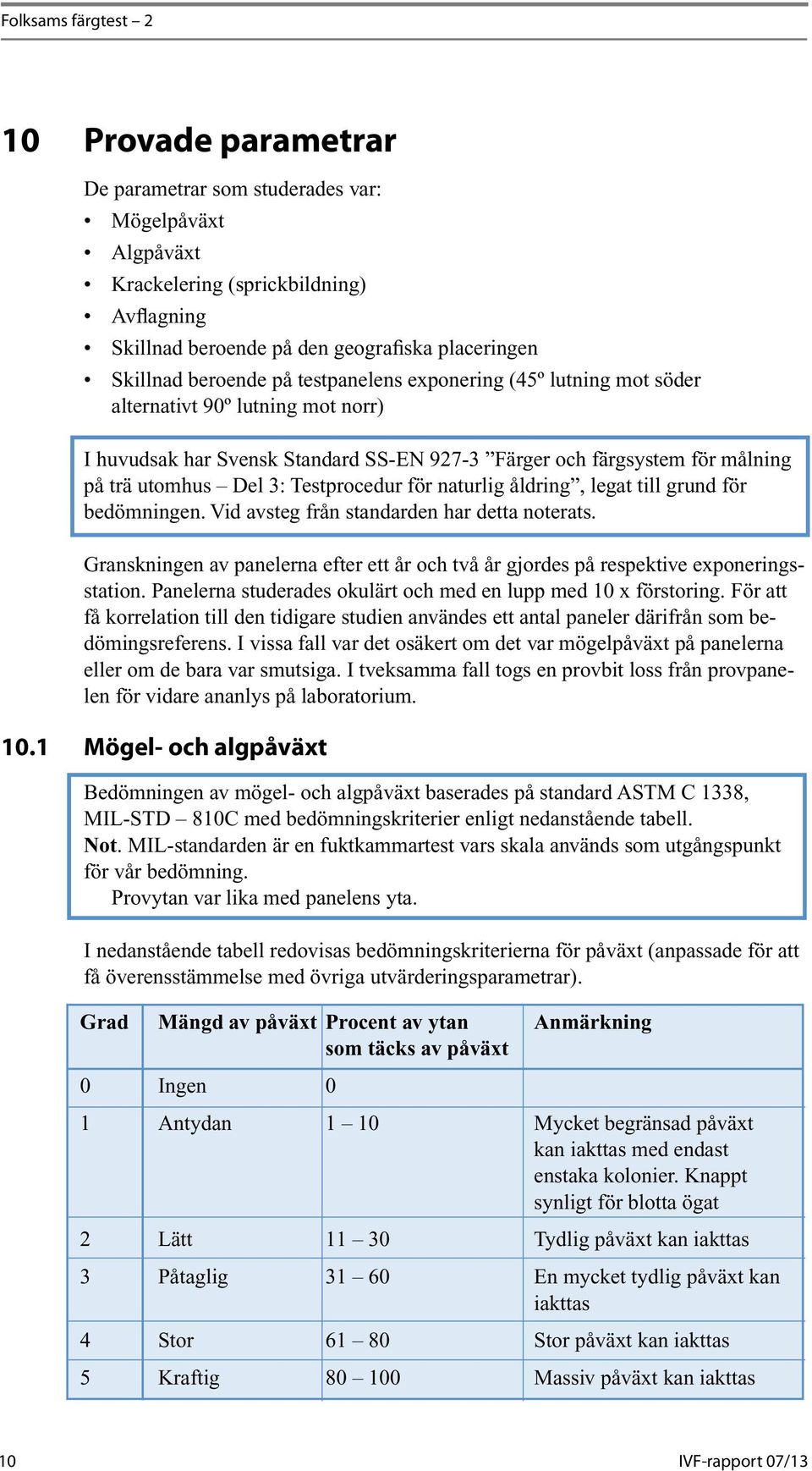 naturlig åldring, legat till grund för bedömningen. Vid avsteg från standarden har detta noterats. Granskningen av panelerna efter ett år och två år gjordes på respektive exponeringsstation.