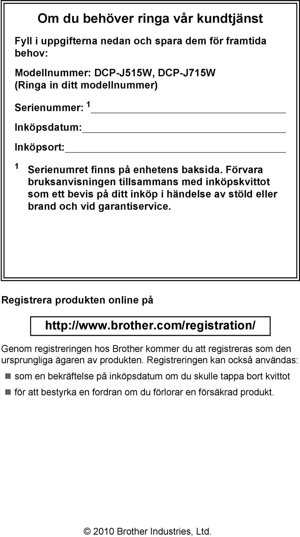 Förvara bruksanvisningen tillsammans med inköpskvittot som ett bevis på ditt inköp i händelse av stöld eller brand och vid garantiservice. Registrera produkten online på http://www.