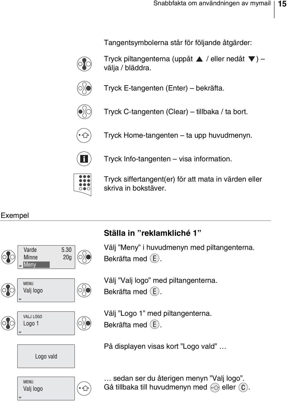 Tryck siffertangent(er) för att mata in värden eller skriva in bokstäver. Exempel Ställa in reklamkliché 1 Välj Meny i huvudmenyn med piltangenterna. Bekräfta med.