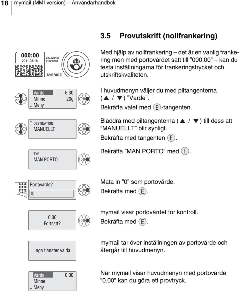 frankeringstrycket och utskriftskvaliteten. I huvudmenyn väljer du med piltangenterna ( / ) Varde. Bekräfta valet med -tangenten.