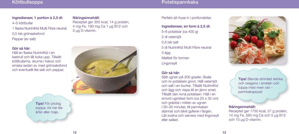 Receptet ger 350 kcal, 14 g protein, 4 mg Fe, 190 mg Ca 1 μg B12 och Perfekt att frysa in i portionsbitar.