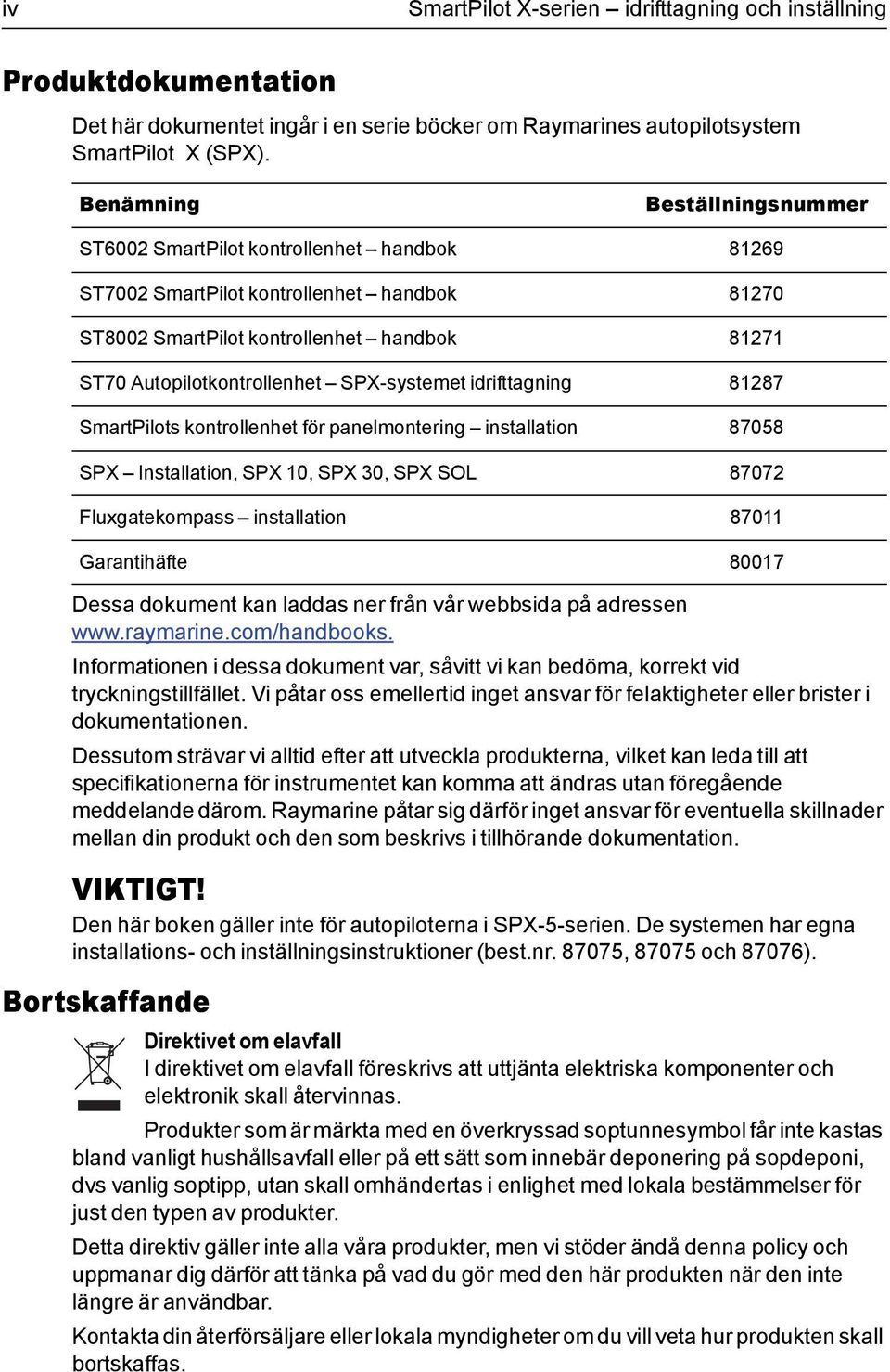 SPX-systemet idrifttagning 81287 SmartPilots kontrollenhet för panelmontering installation 87058 SPX Installation, SPX 10, SPX 30, SPX SOL 87072 Fluxgatekompass installation 87011 Garantihäfte 80017