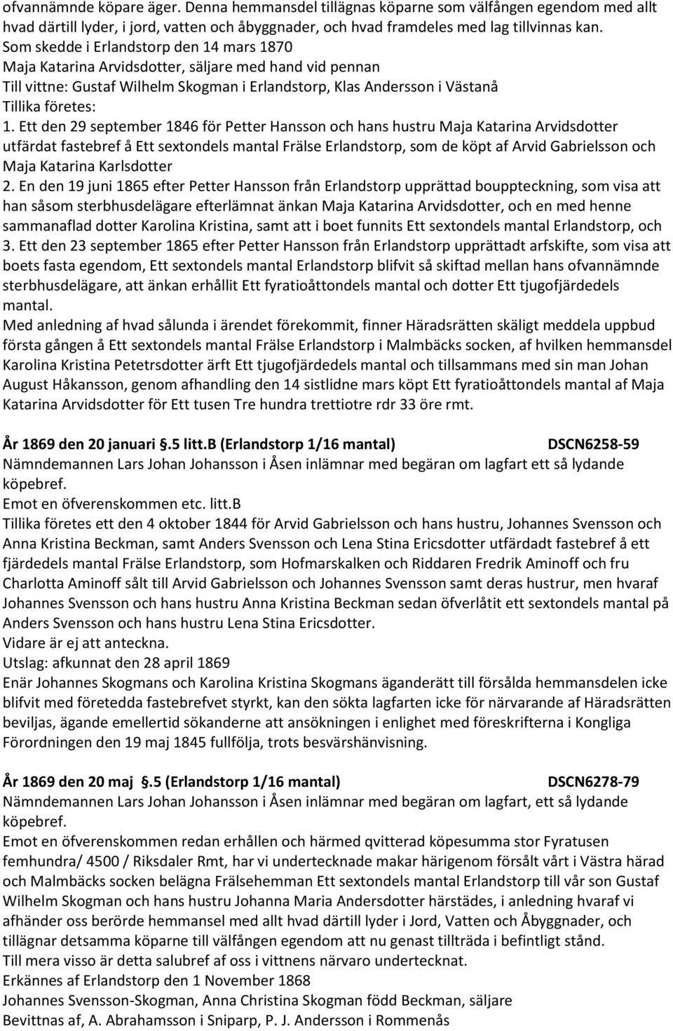 Ett den 29 september 1846 för Petter Hansson och hans hustru Maja Katarina Arvidsdotter utfärdat fastebref å Ett sextondels mantal Frälse Erlandstorp, som de köpt af Arvid Gabrielsson och Maja