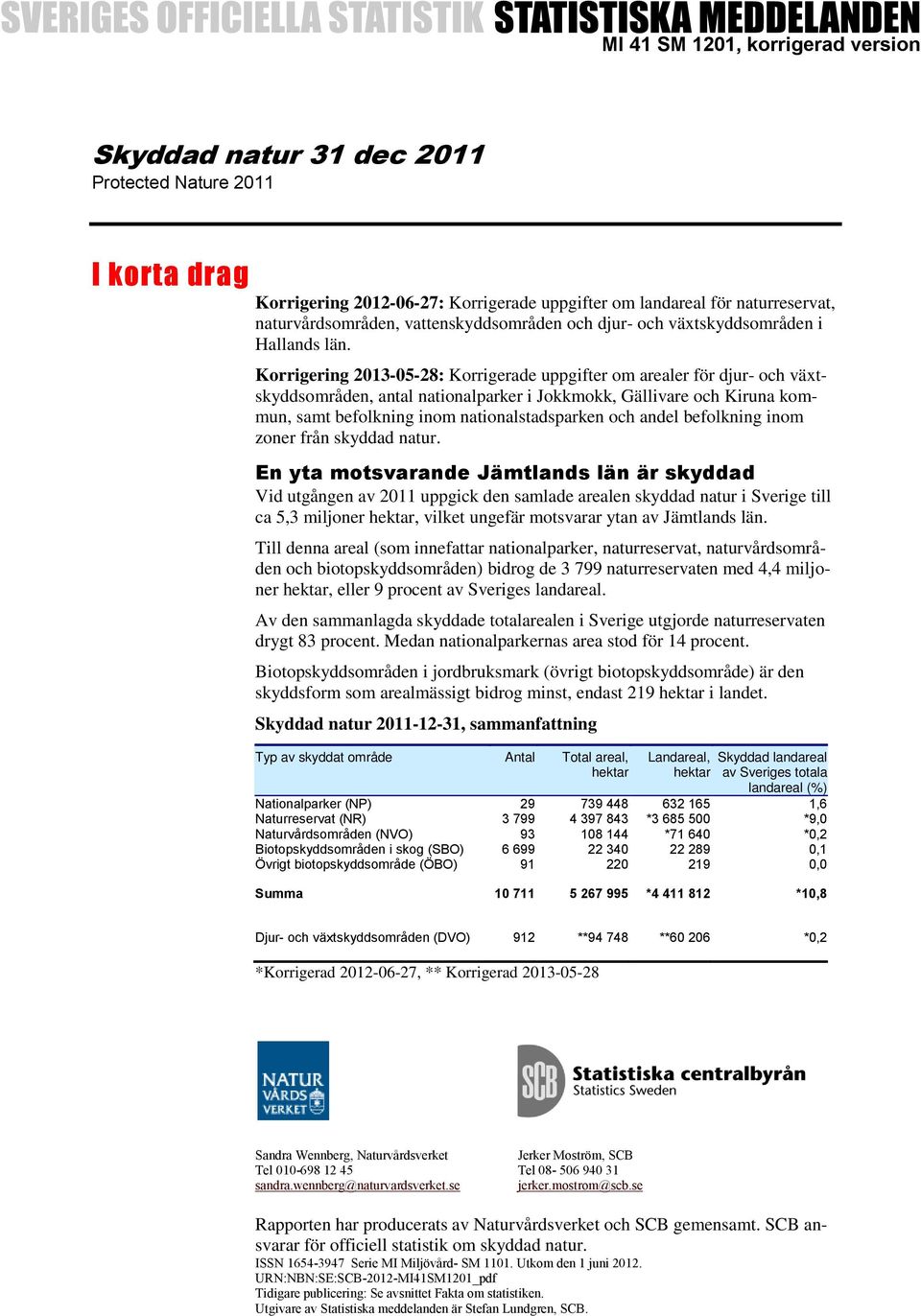 Korrigering 2013-05-28: Korrigerade uppgifter om arealer för djur- och växtskyddsområden, antal nationalparker i Jokkmokk, Gällivare och Kiruna kommun, samt befolkning inom nationalstadsparken och