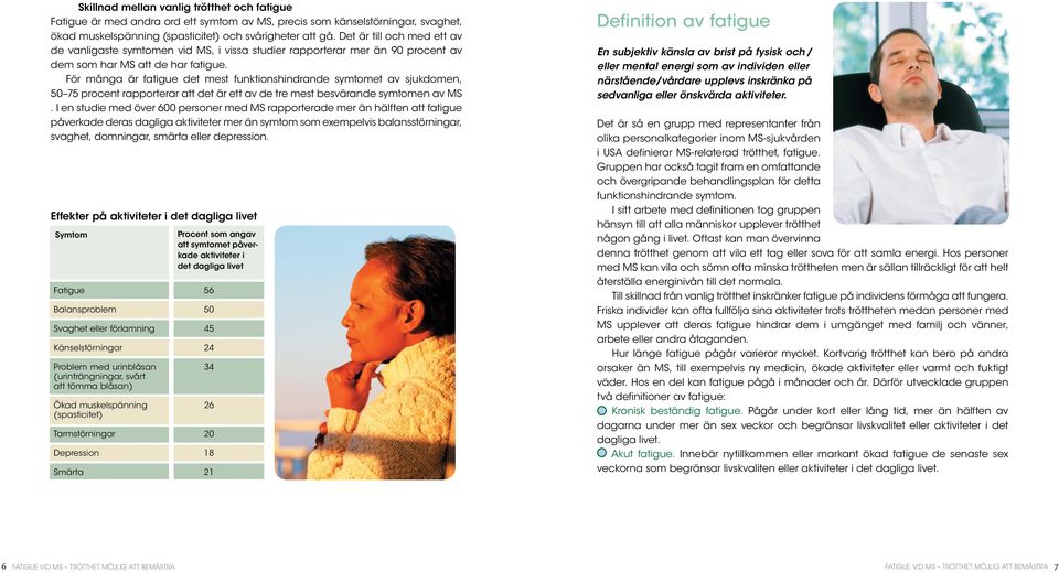 För många är fatigue det mest funktionshindrande symtomet av sjukdomen, 50 75 procent rapporterar att det är ett av de tre mest besvärande symtomen av MS.