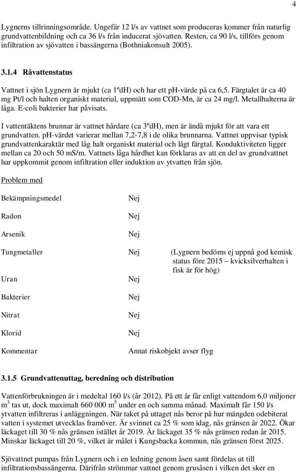 Färgtalet är ca 40 mg Pt/l och halten organiskt material, uppmätt som COD-Mn, är ca 24 mg/l. Metallhalterna är låga. E-coli bakterier har påvisats.